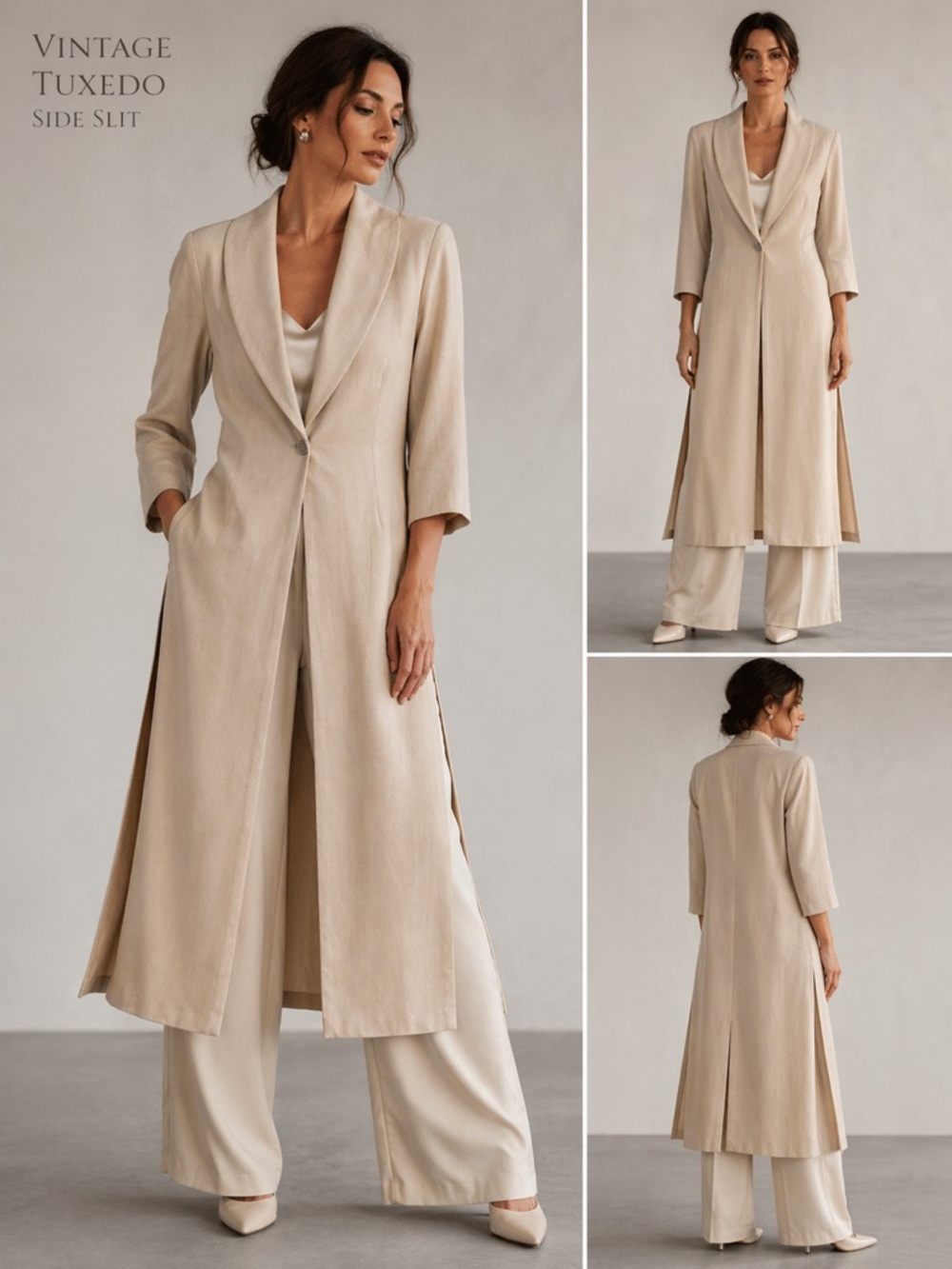 Moon Light Comfortable Wear Vintage Tuxedo Coat  Neutral Side Slit Duster XL